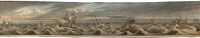 Stormy Seas Outside Calais, last scene in Costa Scena : A Cruise Along the Southern Coast of Kent, Strip Panorama, Scenes taken from nature by Robert Havell Jr., 1823