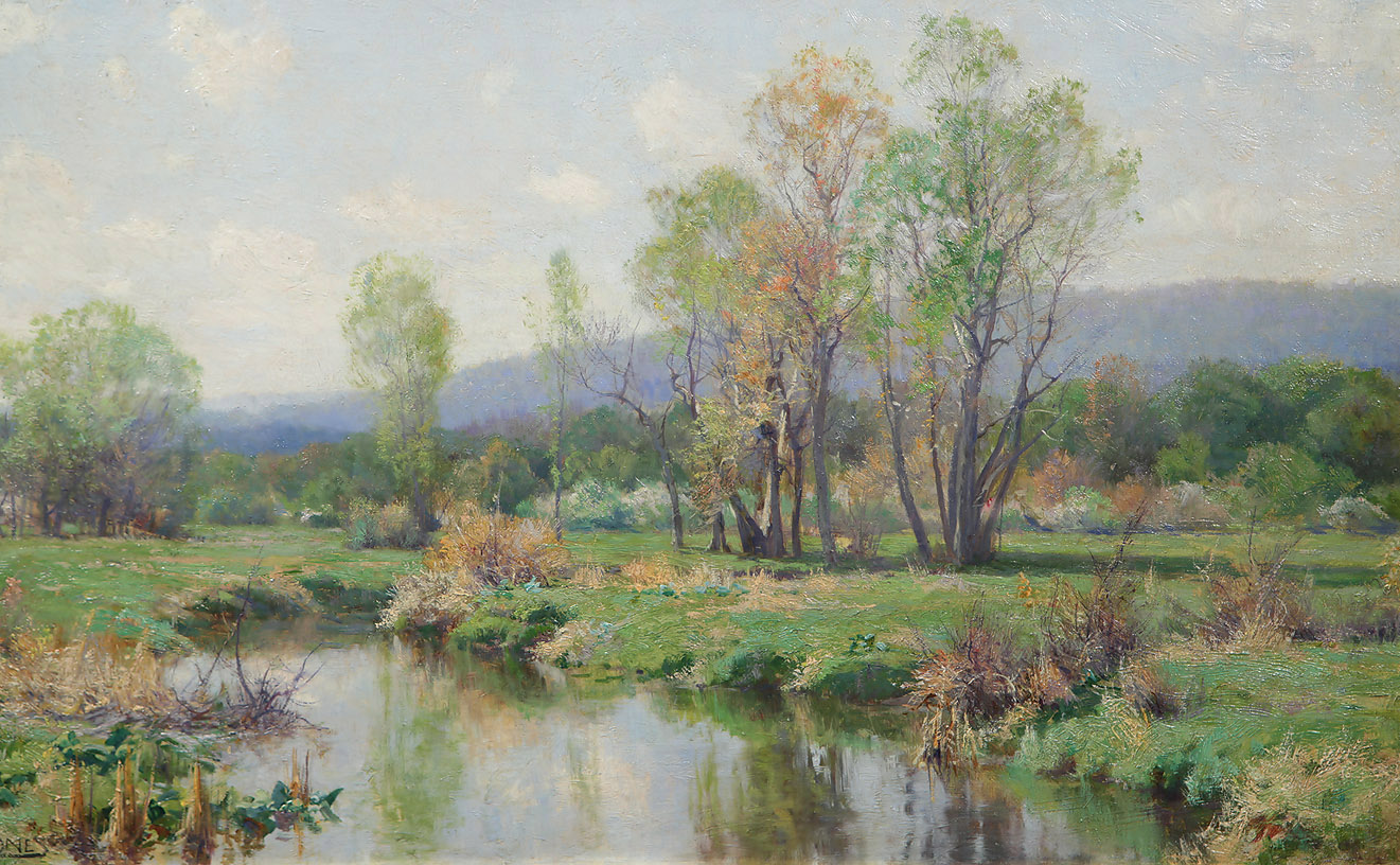 Hugh Bolton Jones, American Hudson River School Painter, Springtime Reflections, Oil on Canvas 