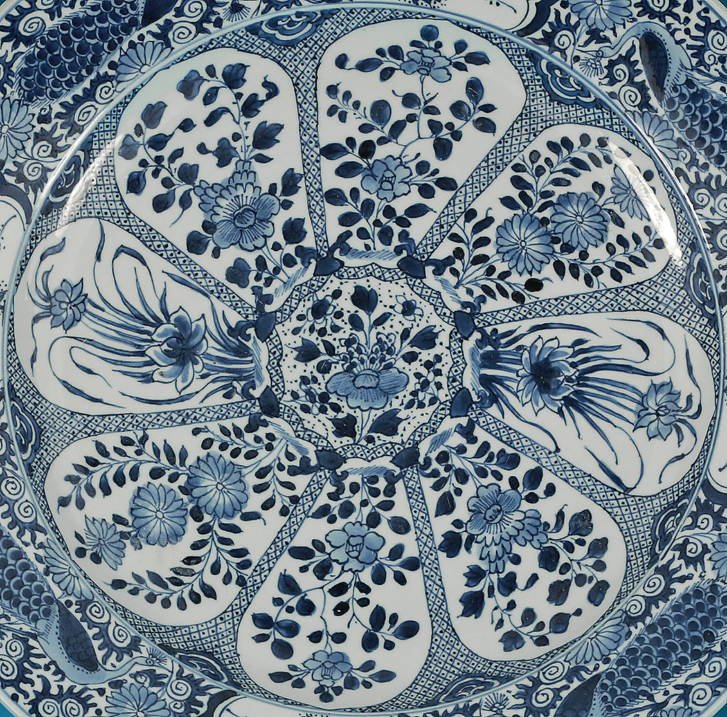 Kangxi Blue & White Porcelain Peacocks Large Dish (Charger), China, c1662-1722, 8-petaled center on diapered ground