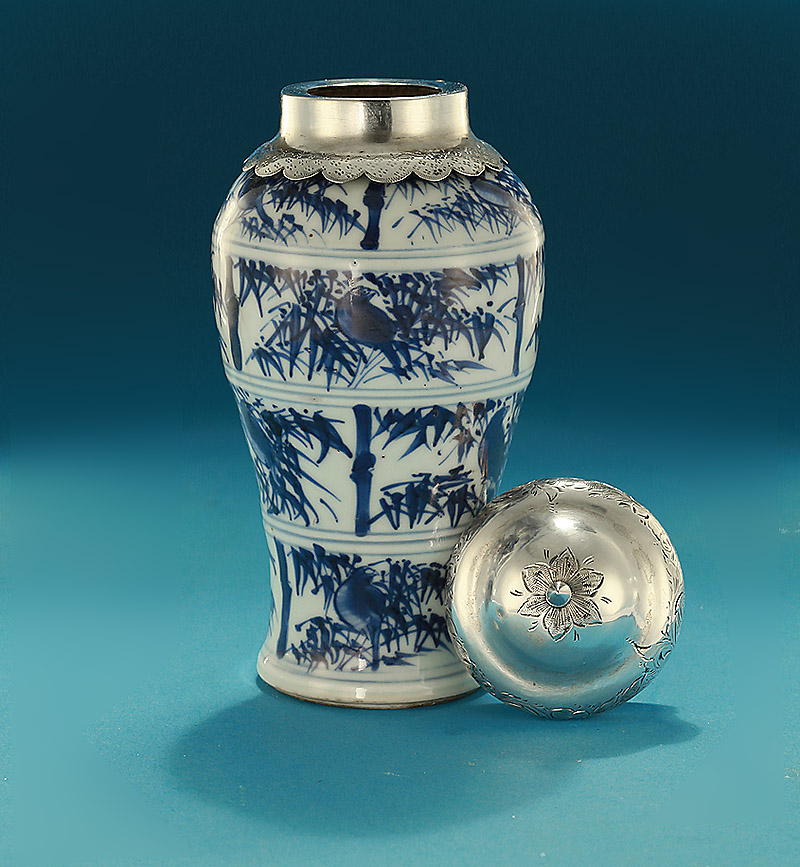 Kangxi Blue & White Silver-Mounted Porcelain Tea Caddy, Bamboo & Parrots, China, c1700 