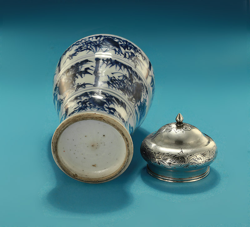 Kangxi Blue & White Silver-Mounted Porcelain Tea Caddy, Bamboo & Parrots, China, c1700 
