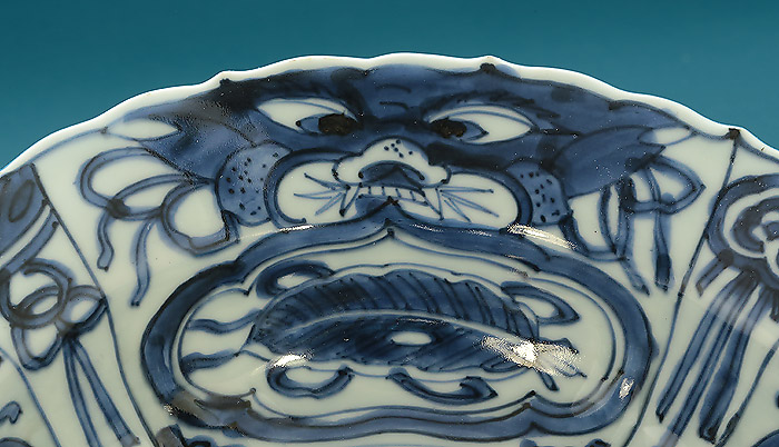 Ming Dynasty Large Porcelain Klapmuts Bowl, Grasshopper with Toatie Masks, Wanli, Rinaldi, Group V, c1600-20 , Taotie mask