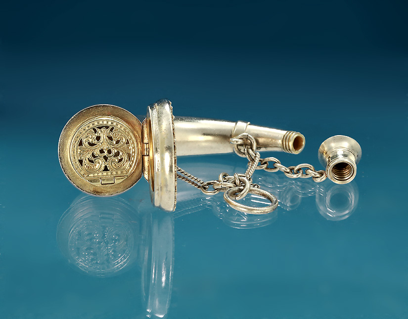 Victorian Silver Hunting Horn Vinaigrette & Scent Flask with Silver Chain & Dependent Loop, Sampson Mordan, 1872 