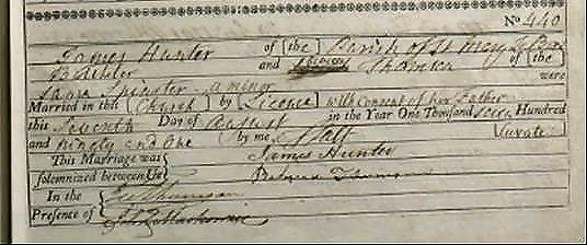 Marriage Record of James Hunter and Rebecca Thomson of Logie and Faskine