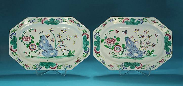 A Rare Pair of Large Bow Porcelain Platters, c1755, Each 16.25" long