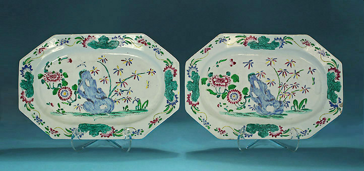 A Rare Pair of Bow Polychrome Platters, England, c1755, Each 16.5" Wide
