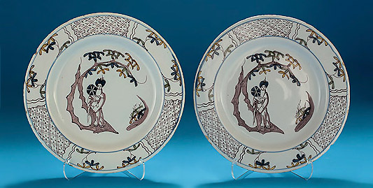 Pair of Bristol Manganese & Polychrome Delft Plates
