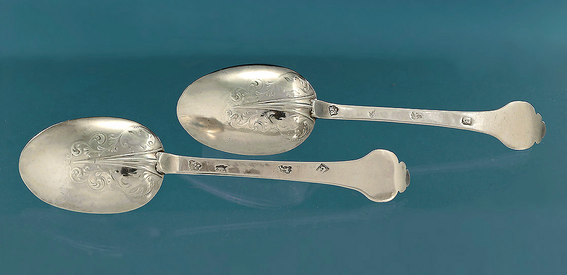Pair Charles II Silver Lace Front & Back Trefid Spoons, Robert King, London, 1678 