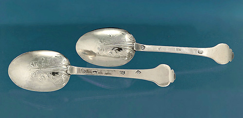 Pair Charles II Silver Lace Front & Back Trefid Spoons, Robert King, London, 1678  ,