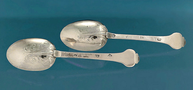 Pair Charles II Silver Lace Front & Back Trefid Spoons, Robert King, 1678