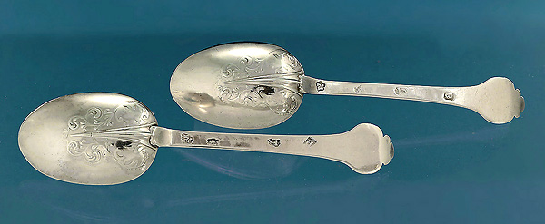 Pair Charles II Silver Lace Front & Back Trefid Spoons, Robert King, London, 1678 