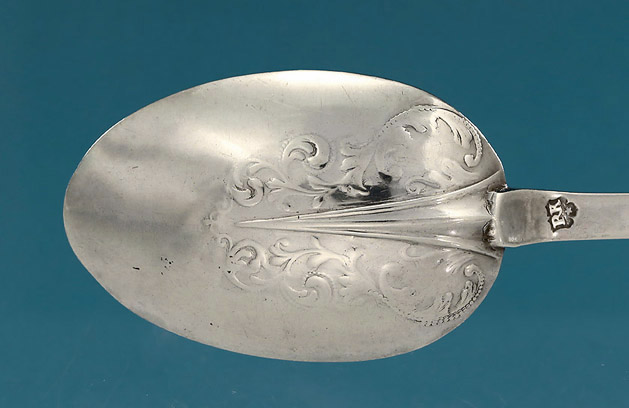 Pair Charles II Silver Lace Front & Back Trefid Spoons, Robert King, London, 1678, bowl verso
