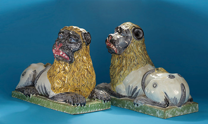 Rare Pair of French Faience Polychrome Seated Lions, Probably Luneville, c1800 