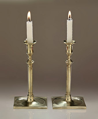 Pair of George II Cast Brass Columnar Candlesticks, Square Bases, England, c1750 