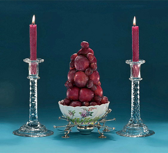 A Pair George III Flat-Cut Glass Candlesticks,  A Rare Chelsea Red Anchor Polychrome Large Spirally Moulded Bowl,  on Early George III Silver Adjustable Dish Cross