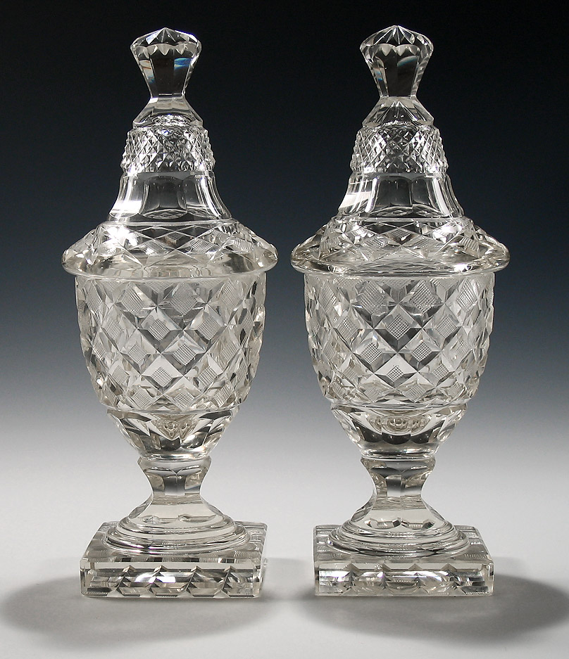 Pair George III Irish Regency Cut Glass Covered Urns
