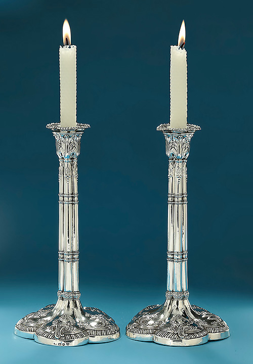 Pair George III Silver Clustered-Column Candlesticks, Jacolbite Interest, William Cafe, London, 1768
