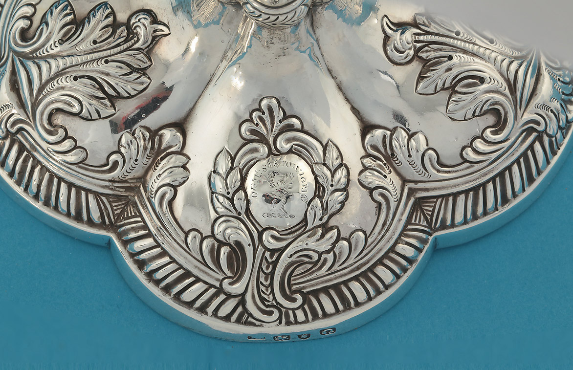 Pair Early George III Silver Clustered-Column Candlesticks, William Cafe, London 1768, Crest & Motto, Dukes of Gordon, Letterfourie, Gordon crest & motto
