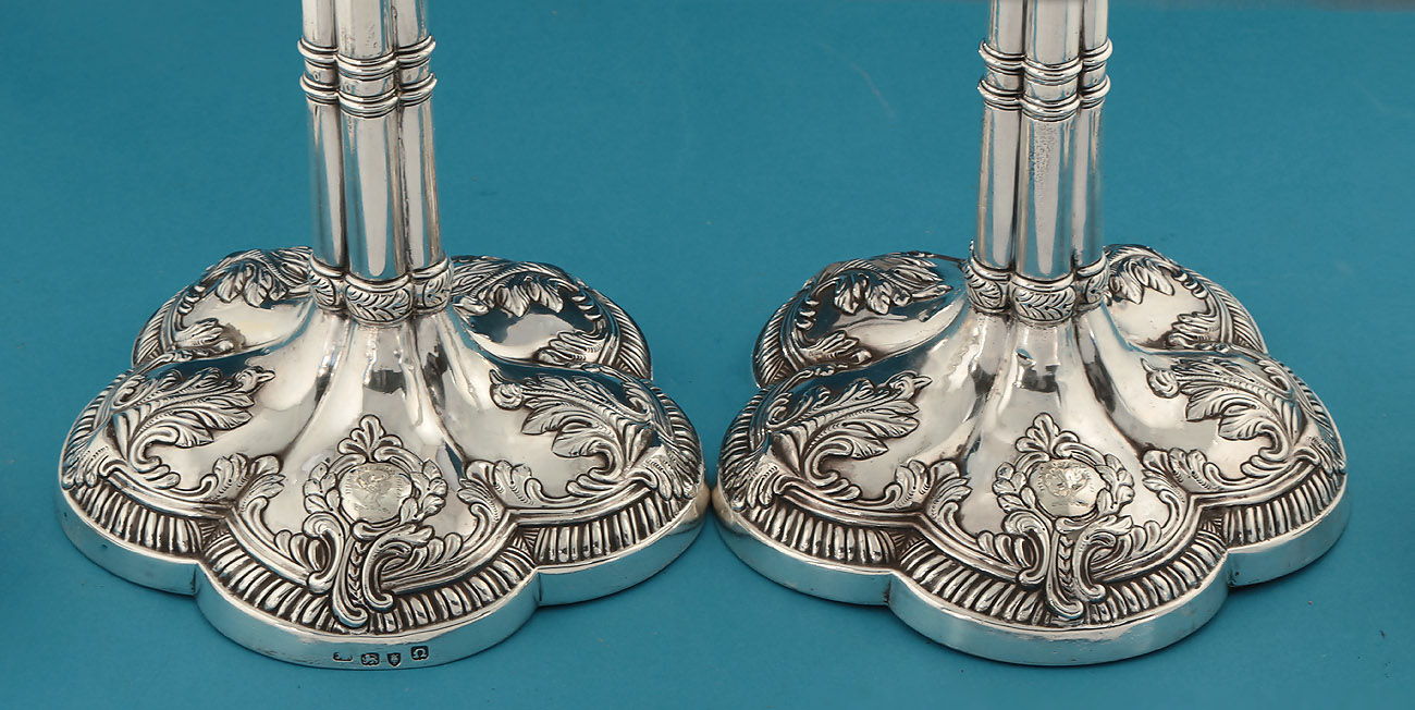 Pair Early George III Silver Clustered-Column Candlesticks, William Cafe, London 1768, Crest & Motto, Dukes of Gordon, Letterfourie 
