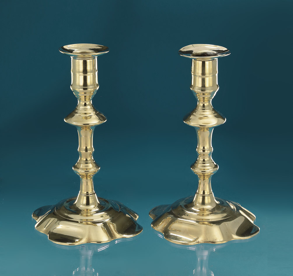 Pair of George II Brass Petal Base Candlestick, England, c1740