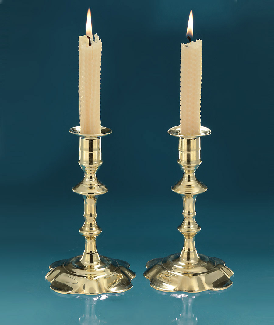 Pair of George II Brass Petal Base Candlestick, England, c1740 