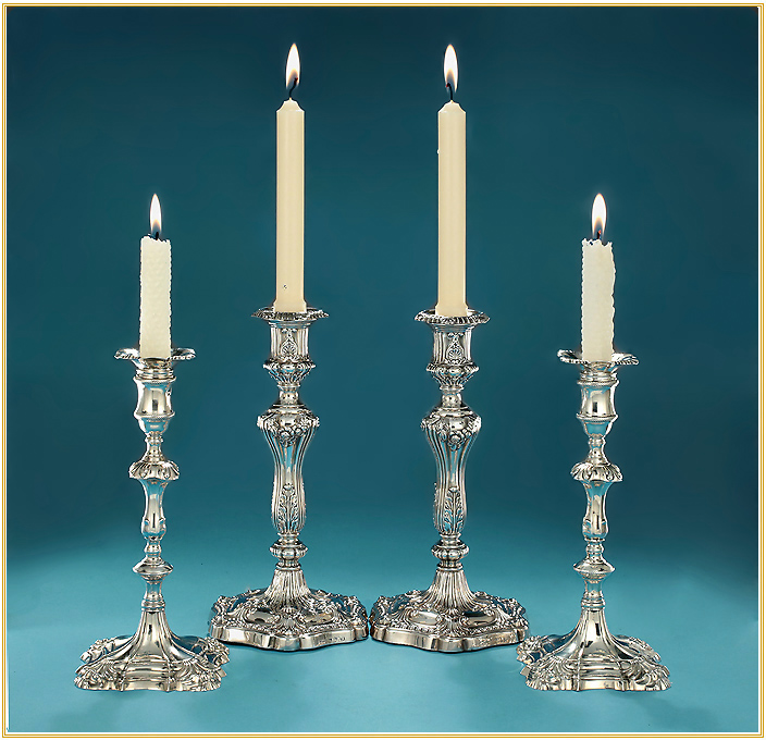 Pair George II Silver Candlesticks, John Cafe, London, 1755, & a Pair Regency Silver Candlesticks, Roberts & Co., Sheffield, 1813