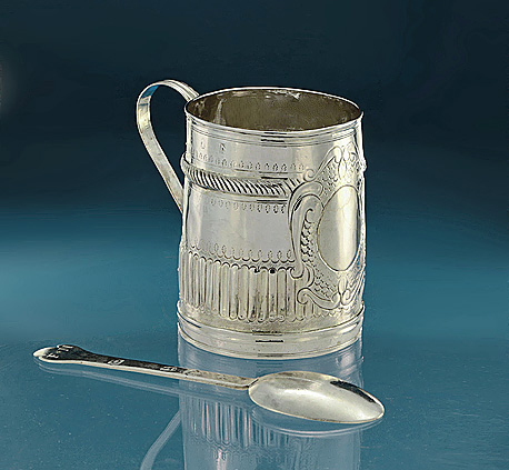 Rare Queen Anne 'Britannia Standard' Small (or Child's) 'Mug & Charles II Silver Child's Trefid Spoon, Steven Venables Junior, 1684
