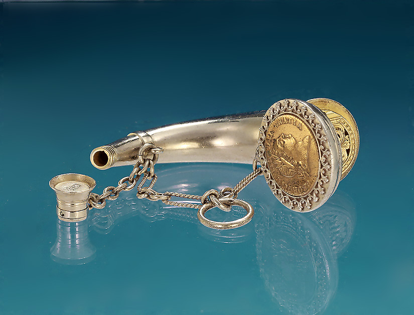 Victorian Silver Hunting Horn Vinaigrette & Scent Flask with Silver Chain & Dependent Loop, Sampson Mordan, 1872 
