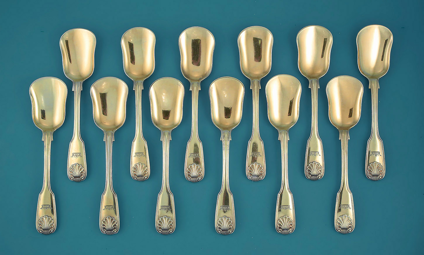 Rare Set 12 Victorian Silver-Gilt Ice Cream Shovels, Fiddle-Thread-Shell, England, 1858 