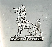Straight Set of 12 George III Silver Hanoverian Tablespoons, Isaac Callard, 1757, crest of a wolf (or fox) sejant ppr