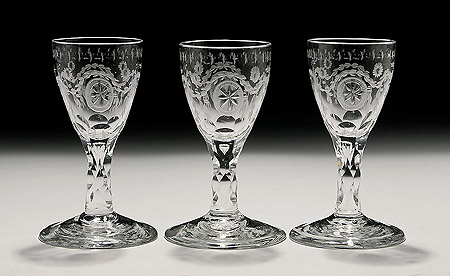 Set of Three George III Engraved Facet Cut Wines, England, c1780