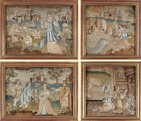 Fine Set of 4 17th Century Silkwork Panels Depicting the Story of Tobias