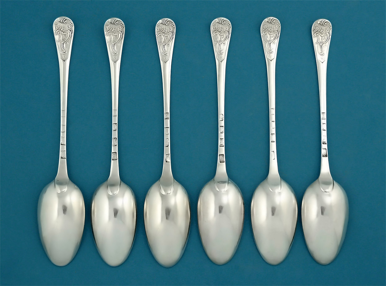 Set 6 George III Silver Private Dye-Stamped Dessert Spoons, John Lambe, London c1770; each crested with an eagle's head erased, ducally gorged 