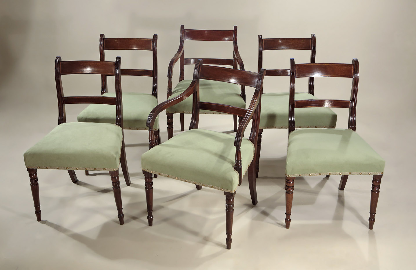 Set of Six Late Georgian Inlaid Mahogany Dining Chairs, England, c1815-20