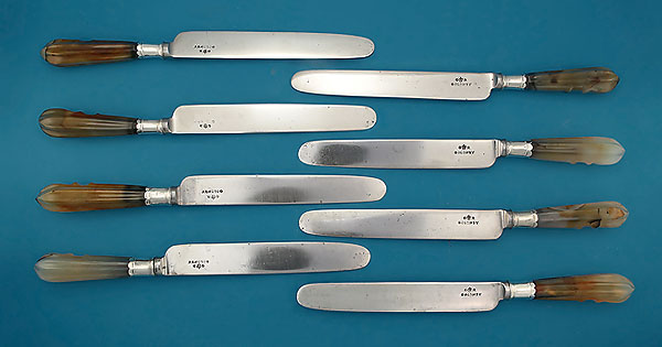 Set of 8 Georgian Silver and Agate-Handled Dinner Knives, England, c1750-60, the blades Goldney, c1820-30