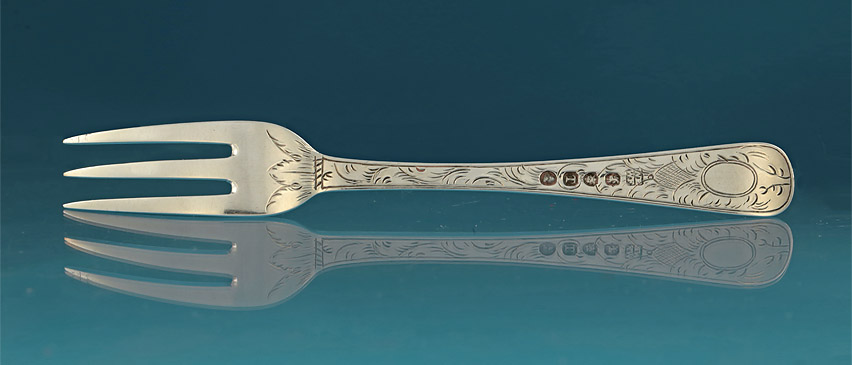 Fine Set of 9 George III Engraved Silver Dessert Forks, William Eley I & William Fearn, London, 1814 