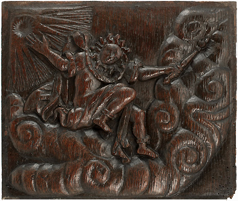 GOOD SET OF FOUR 17TH CENTURY CARVED OAK PANELS, Four Roman Gods : Jupiter, Diana, Mars and Sol, English or Dutch