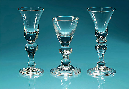 Three Early 18th Century Britiish Baluster Wine Glasses, c1715-30