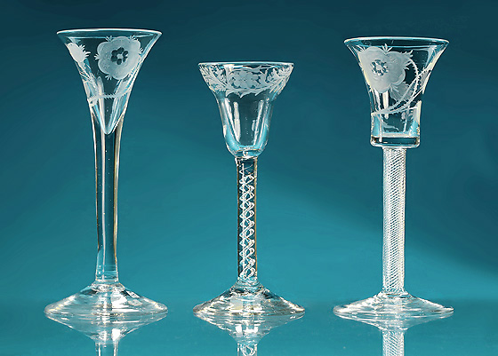 Three c1750 Engraved Wine Glasses, of Jacobite Interest