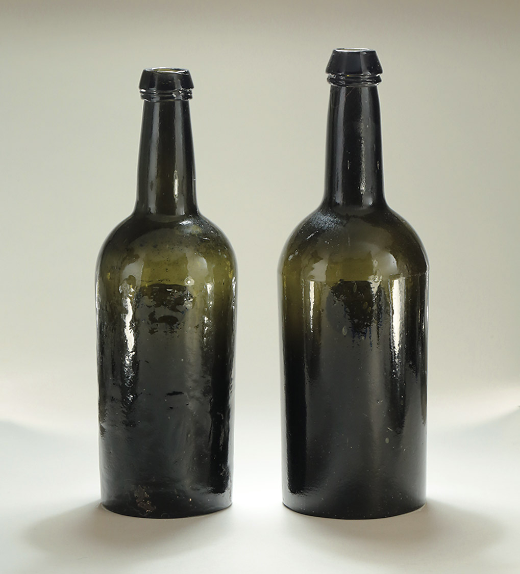 Cornwall Interest : Two Dark Green Glass Sealed Cylinder Wine Bottles, Trelaske,  c1800; Edgcumbe, c1820 