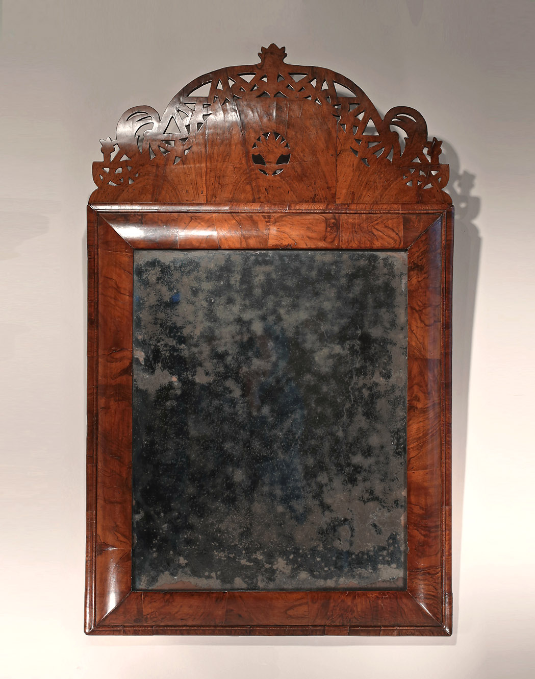 Rare William & Mary Figured Walnut Crested Cushion Mirror, England, c1690