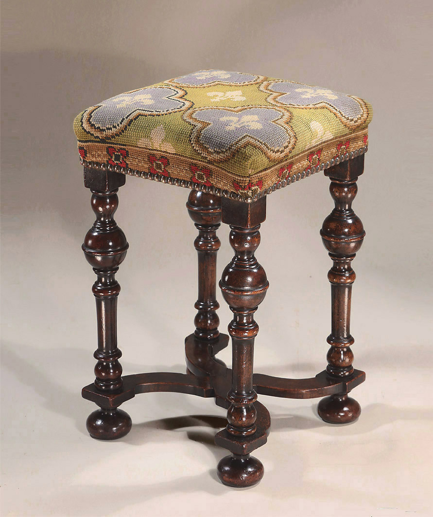 William III/Queen Anne Turned Walnut Upholstered Stool, Wavy Stretcher, England, c1695-1710 