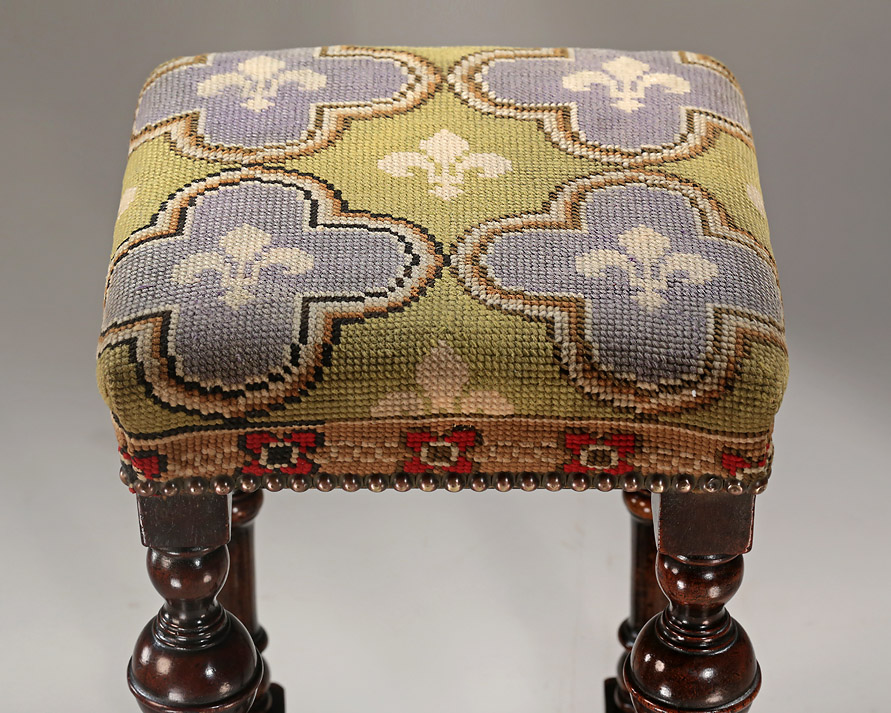 William III/Queen Anne Turned Walnut Upholstered Stool, Wavy Stretcher, England, c1695-1710 