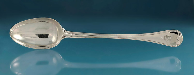 FINE WILLIAM IV SILVER MILITARY THREAD PATTERN BASTING SPOON, Paul Storr, London, 1835, crested for Astley