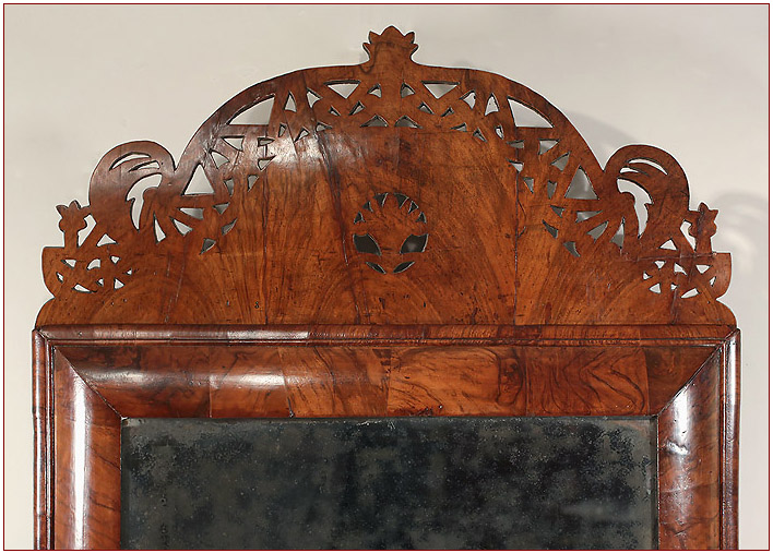 William & Mary Figured Walnut Crested Cushion Wall Mirror, Original Crest and Mirror Plate, c1690