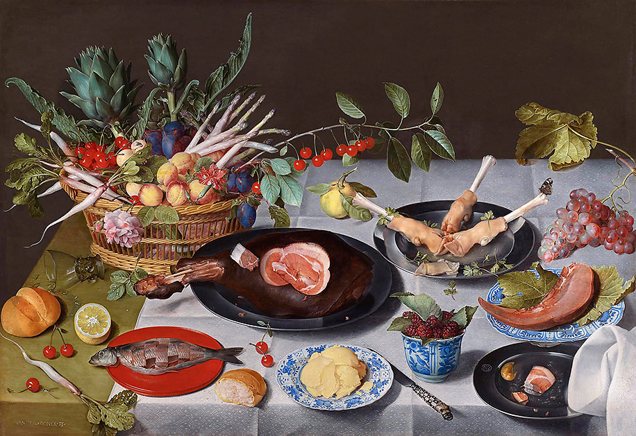 "A Still Life of a Laid Table, with Plates of Meat and Fish and a Basket of Fruit and Vegetables", Jacob van Hulsdonck, 1582 – Antwerp – 1647, Cleveland Museum of Art